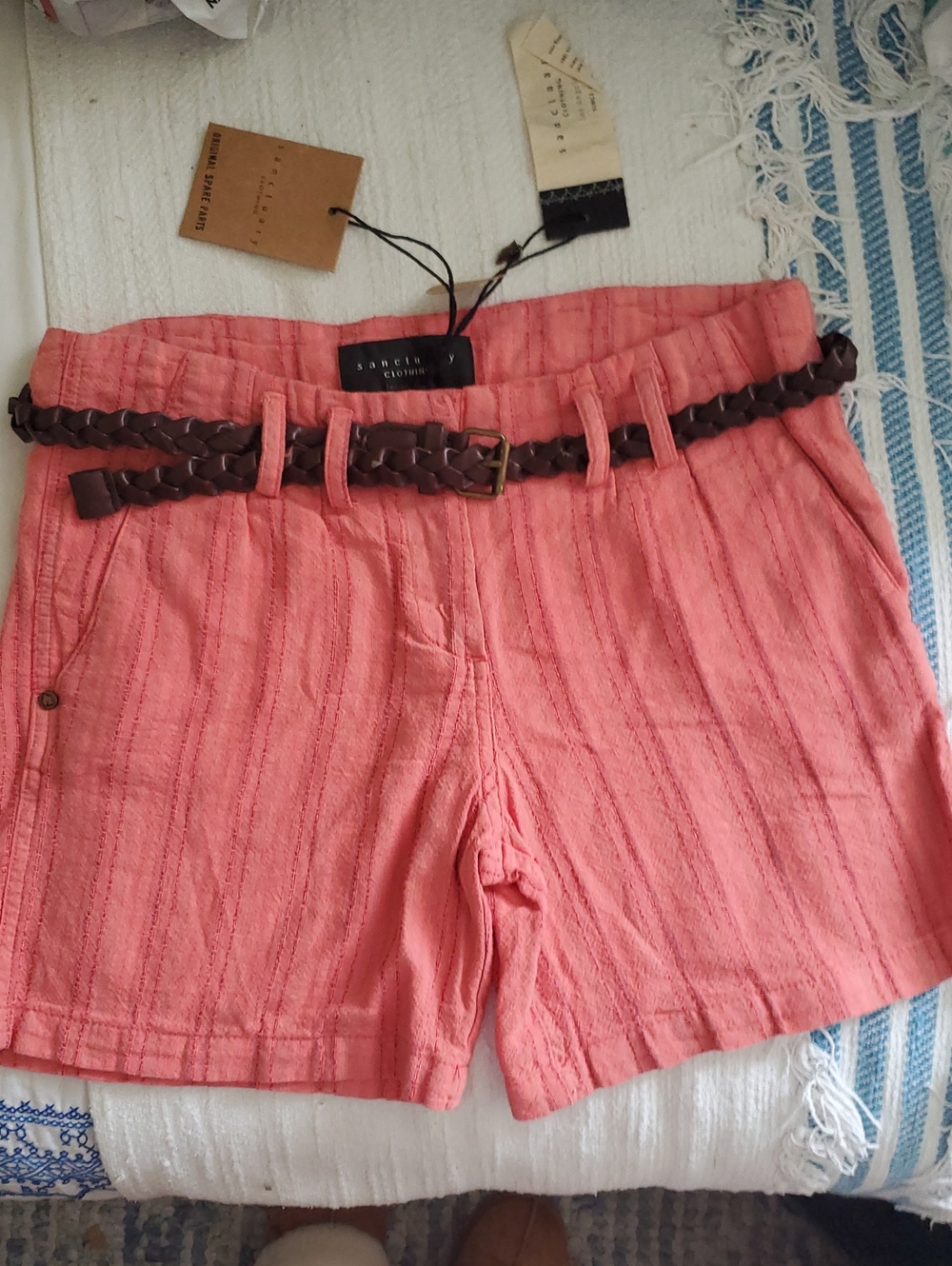 Sanctuary Coral Textured High-Waist Shorts with Braided Brown Belt